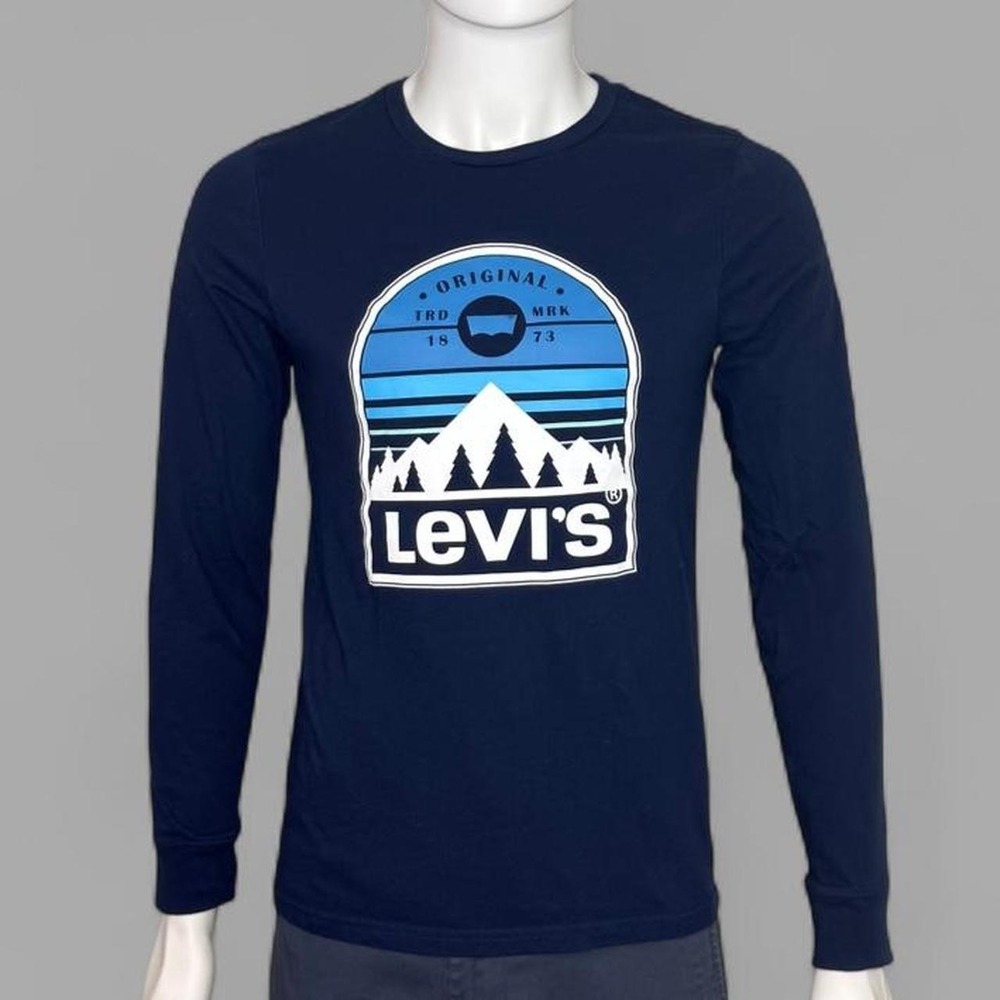 Levis Mens Long Sleeve Graphic Tee Navy Blue Mountain Logo 3LGLK2247B Small
